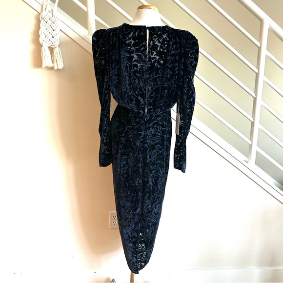NWT RONNY KOBO Astrid Blue Velvet Burnout Plunge Neck Long Sleeve Midi Dress Lge - Picture 4 of 17